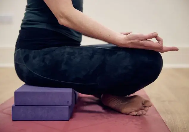 The bottom half of a woman seated on two purple yoga blocks