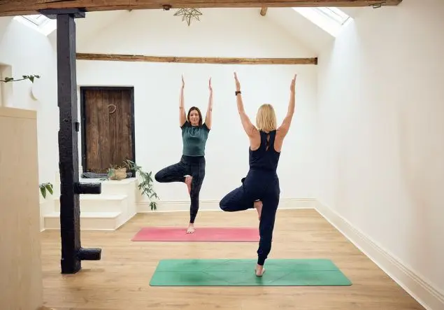 Two women are reaching up, doing yoga in a yoga studio